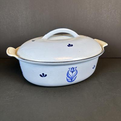 LOT 207: Dru Holland Enamel Cast Iron Oval Casserole Dish w/Lid & Dansk Orecast Yellow Enamel Cast Iron Dutch Oven