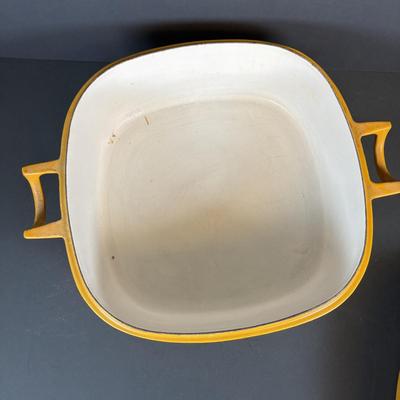 LOT 207: Dru Holland Enamel Cast Iron Oval Casserole Dish w/Lid & Dansk Orecast Yellow Enamel Cast Iron Dutch Oven