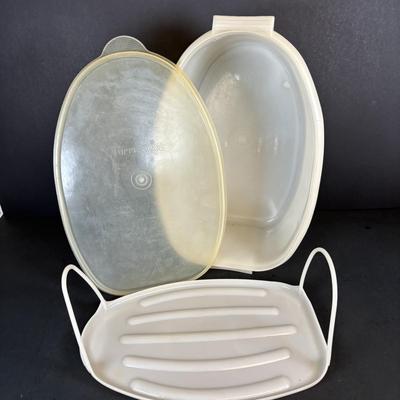 LOT 212: Vintage Kitchen & More: Tupperware Ham Saver, McCoy Hobnail Cookie Jar, Sandwich/Cookie Cutters, Rolling Pin & More
