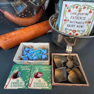 LOT 212: Vintage Kitchen & More: Tupperware Ham Saver, McCoy Hobnail Cookie Jar, Sandwich/Cookie Cutters, Rolling Pin & More