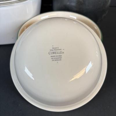 LOT 213: Kitchen Essentials: Corelle, Corning Ware, Fire King, Glass Double Boiler, Flatware and a Glass Honeypot