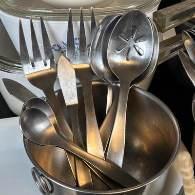 LOT 213: Kitchen Essentials: Corelle, Corning Ware, Fire King, Glass Double Boiler, Flatware and a Glass Honeypot