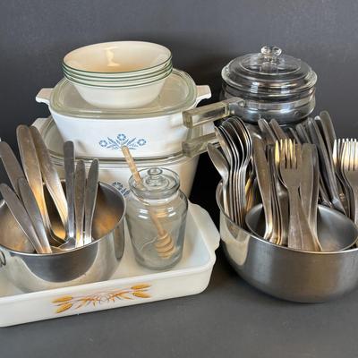 LOT 213: Kitchen Essentials: Corelle, Corning Ware, Fire King, Glass Double Boiler, Flatware and a Glass Honeypot