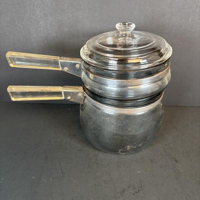 LOT 213: Kitchen Essentials: Corelle, Corning Ware, Fire King, Glass Double Boiler, Flatware and a Glass Honeypot