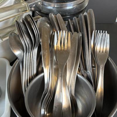 LOT 213: Kitchen Essentials: Corelle, Corning Ware, Fire King, Glass Double Boiler, Flatware and a Glass Honeypot