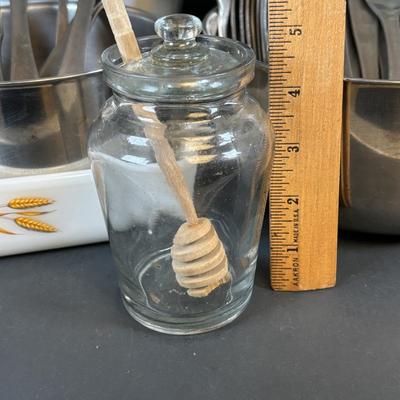 LOT 213: Kitchen Essentials: Corelle, Corning Ware, Fire King, Glass Double Boiler, Flatware and a Glass Honeypot