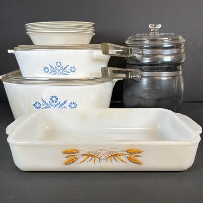 LOT 213: Kitchen Essentials: Corelle, Corning Ware, Fire King, Glass Double Boiler, Flatware and a Glass Honeypot