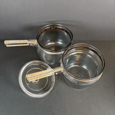 LOT 213: Kitchen Essentials: Corelle, Corning Ware, Fire King, Glass Double Boiler, Flatware and a Glass Honeypot
