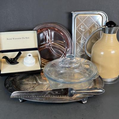 LOT 214: Vintage Pink Depression Glass Divided Plates, Blue Fire King Covered Serving Bowl, Landers Fray & Clark Thermos, Tri Folding...