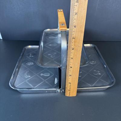 LOT 214: Vintage Pink Depression Glass Divided Plates, Blue Fire King Covered Serving Bowl, Landers Fray & Clark Thermos, Tri Folding...