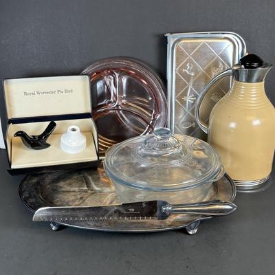 LOT 214: Vintage Pink Depression Glass Divided Plates, Blue Fire King Covered Serving Bowl, Landers Fray & Clark Thermos, Tri Folding...