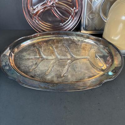 LOT 214: Vintage Pink Depression Glass Divided Plates, Blue Fire King Covered Serving Bowl, Landers Fray & Clark Thermos, Tri Folding...