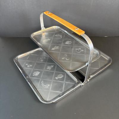 LOT 214: Vintage Pink Depression Glass Divided Plates, Blue Fire King Covered Serving Bowl, Landers Fray & Clark Thermos, Tri Folding...