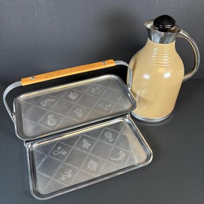LOT 214: Vintage Pink Depression Glass Divided Plates, Blue Fire King Covered Serving Bowl, Landers Fray & Clark Thermos, Tri Folding...
