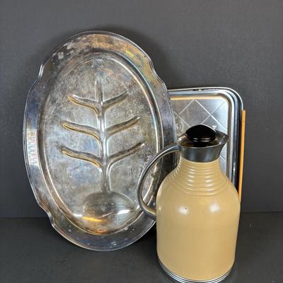 LOT 214: Vintage Pink Depression Glass Divided Plates, Blue Fire King Covered Serving Bowl, Landers Fray & Clark Thermos, Tri Folding...