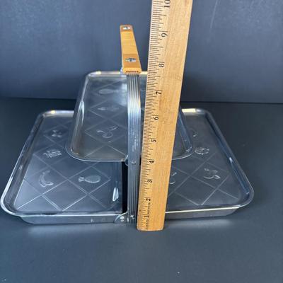 LOT 214: Vintage Pink Depression Glass Divided Plates, Blue Fire King Covered Serving Bowl, Landers Fray & Clark Thermos, Tri Folding...
