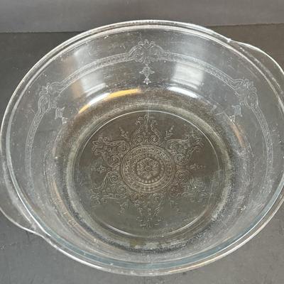 LOT 214: Vintage Pink Depression Glass Divided Plates, Blue Fire King Covered Serving Bowl, Landers Fray & Clark Thermos, Tri Folding...