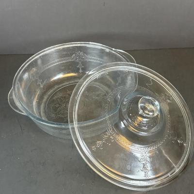 LOT 214: Vintage Pink Depression Glass Divided Plates, Blue Fire King Covered Serving Bowl, Landers Fray & Clark Thermos, Tri Folding...