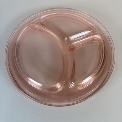 LOT 214: Vintage Pink Depression Glass Divided Plates, Blue Fire King Covered Serving Bowl, Landers Fray & Clark Thermos, Tri Folding...