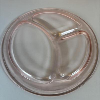 LOT 214: Vintage Pink Depression Glass Divided Plates, Blue Fire King Covered Serving Bowl, Landers Fray & Clark Thermos, Tri Folding...