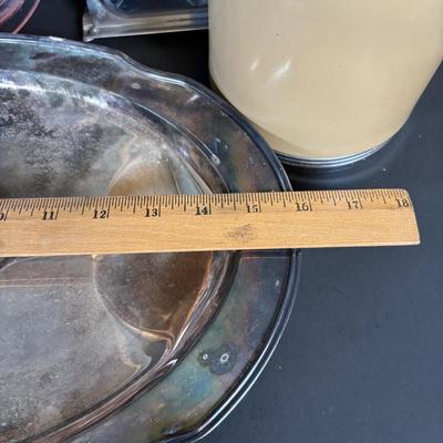 LOT 214: Vintage Pink Depression Glass Divided Plates, Blue Fire King Covered Serving Bowl, Landers Fray & Clark Thermos, Tri Folding...