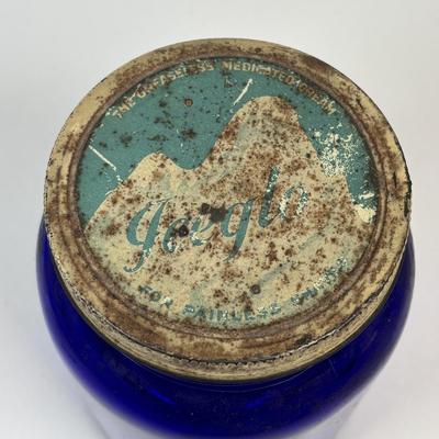 LOT 219: Unique Vintage Bottles & Jar: Colbalt Blue Jar w/a Medicated Creme Lid, Milk Glass Mortar & Pestel w/Lid, Lister Dental...