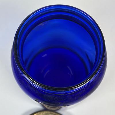 LOT 219: Unique Vintage Bottles & Jar: Colbalt Blue Jar w/a Medicated Creme Lid, Milk Glass Mortar & Pestel w/Lid, Lister Dental...