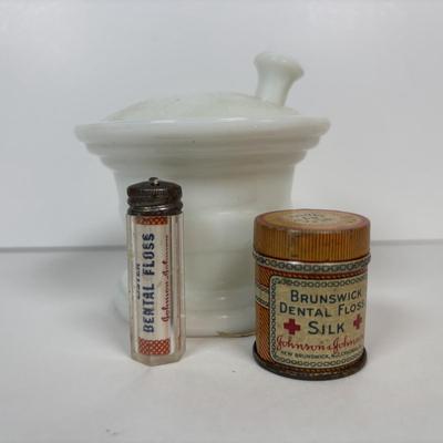 LOT 219: Unique Vintage Bottles & Jar: Colbalt Blue Jar w/a Medicated Creme Lid, Milk Glass Mortar & Pestel w/Lid, Lister Dental...