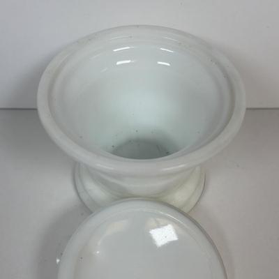 LOT 219: Unique Vintage Bottles & Jar: Colbalt Blue Jar w/a Medicated Creme Lid, Milk Glass Mortar & Pestel w/Lid, Lister Dental...