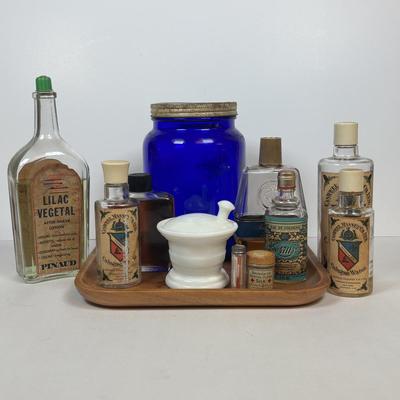 LOT 219: Unique Vintage Bottles & Jar: Colbalt Blue Jar w/a Medicated Creme Lid, Milk Glass Mortar & Pestel w/Lid, Lister Dental...