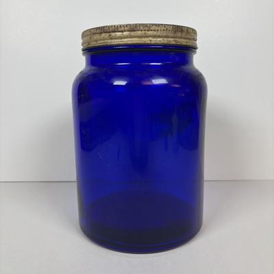 LOT 219: Unique Vintage Bottles & Jar: Colbalt Blue Jar w/a Medicated Creme Lid, Milk Glass Mortar & Pestel w/Lid, Lister Dental...