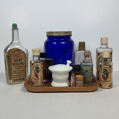 LOT 219: Unique Vintage Bottles & Jar: Colbalt Blue Jar w/a Medicated Creme Lid, Milk Glass Mortar & Pestel w/Lid, Lister Dental...