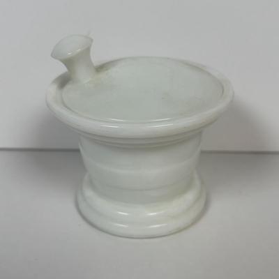 LOT 219: Unique Vintage Bottles & Jar: Colbalt Blue Jar w/a Medicated Creme Lid, Milk Glass Mortar & Pestel w/Lid, Lister Dental...