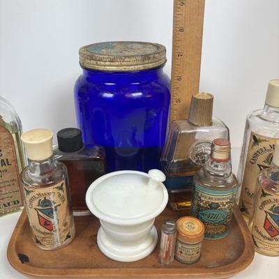 LOT 219: Unique Vintage Bottles & Jar: Colbalt Blue Jar w/a Medicated Creme Lid, Milk Glass Mortar & Pestel w/Lid, Lister Dental...