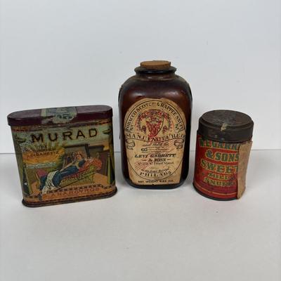 LOT 220: Cigar & Cigarette Tobacco Collection: Murad Tin, Antique Tobacco Scotch & Rappee Snuff Bottle, Cohiba Ashtray, Pouch,...