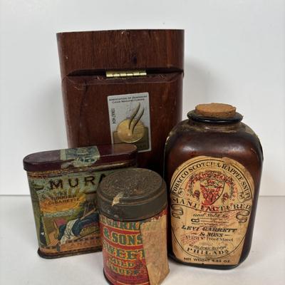 LOT 220: Cigar & Cigarette Tobacco Collection: Murad Tin, Antique Tobacco Scotch & Rappee Snuff Bottle, Cohiba Ashtray, Pouch,...