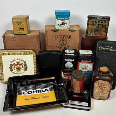 LOT 220: Cigar & Cigarette Tobacco Collection: Murad Tin, Antique Tobacco Scotch & Rappee Snuff Bottle, Cohiba Ashtray, Pouch,...