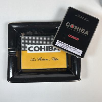 LOT 220: Cigar & Cigarette Tobacco Collection: Murad Tin, Antique Tobacco Scotch & Rappee Snuff Bottle, Cohiba Ashtray, Pouch,...