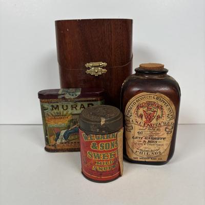 LOT 220: Cigar & Cigarette Tobacco Collection: Murad Tin, Antique Tobacco Scotch & Rappee Snuff Bottle, Cohiba Ashtray, Pouch,...