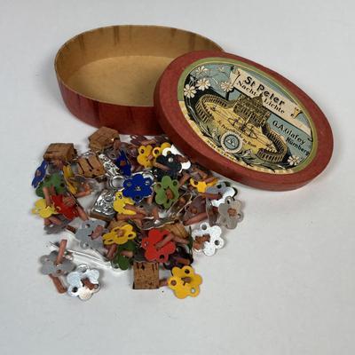 LOT 223: Lovely Vintage Collection of What Nots: St. Peter Nacht Lichte, Germany Floating Candles, Baby Spoons, Crumb Sweeper, Clothing...