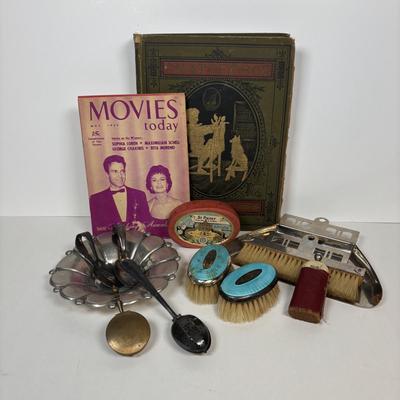 LOT 223: Lovely Vintage Collection of What Nots: St. Peter Nacht Lichte, Germany Floating Candles, Baby Spoons, Crumb Sweeper, Clothing...