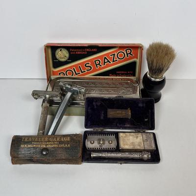 LOT 224: Vintage Razors Featuring a 1900's Gillette Pocket Edition 3 Piece Razor Set w/Original Case, Rolls Razor and More