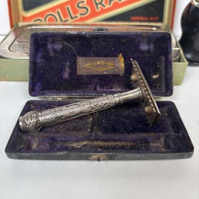 LOT 224: Vintage Razors Featuring a 1900's Gillette Pocket Edition 3 Piece Razor Set w/Original Case, Rolls Razor and More