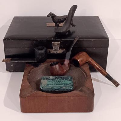 LOT 246: Antique Brass Borzoi Pipe Holder, Glass Lined Cigar Box, Etched Ind. Teak Ashtray & More