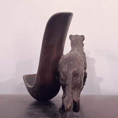 LOT 246: Antique Brass Borzoi Pipe Holder, Glass Lined Cigar Box, Etched Ind. Teak Ashtray & More