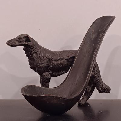LOT 246: Antique Brass Borzoi Pipe Holder, Glass Lined Cigar Box, Etched Ind. Teak Ashtray & More