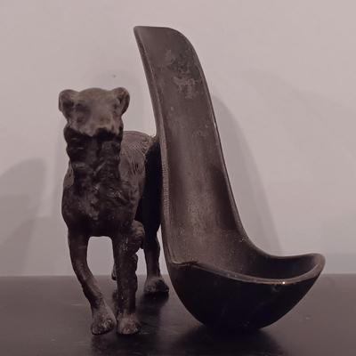 LOT 246: Antique Brass Borzoi Pipe Holder, Glass Lined Cigar Box, Etched Ind. Teak Ashtray & More