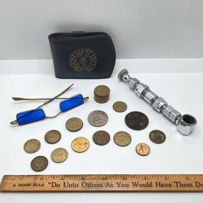 LOT 183: Easy Rider Wallet, Tokens / Coins (Skull, No Cash Value Arcade, Freemason and More), Nuts / Bolts Pipe and Blue Sunglasses
