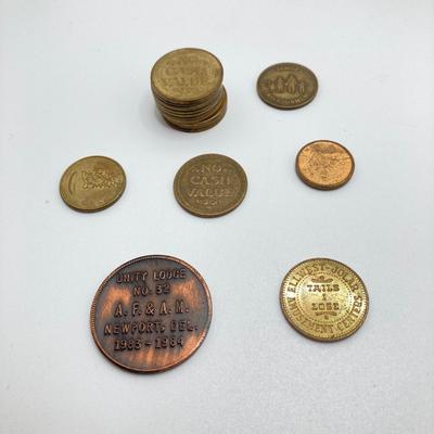 LOT 183: Easy Rider Wallet, Tokens / Coins (Skull, No Cash Value Arcade, Freemason and More), Nuts / Bolts Pipe and Blue Sunglasses