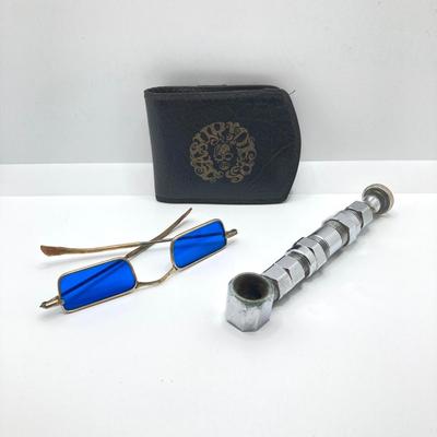 LOT 183: Easy Rider Wallet, Tokens / Coins (Skull, No Cash Value Arcade, Freemason and More), Nuts / Bolts Pipe and Blue Sunglasses